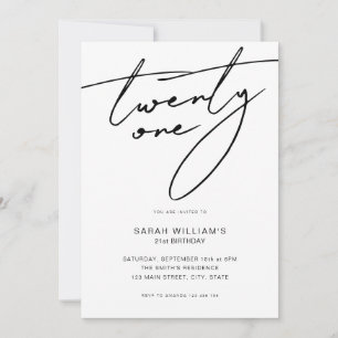 Moderne Elegant Script White 21st Birthday Party Kaart
