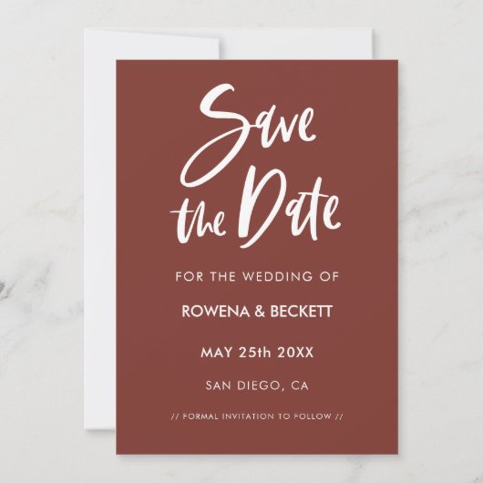 Moderne elegant terracotta foto save the date (Achterkant)