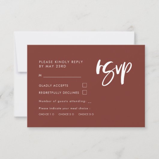 Moderne elegant terracotta RSVP met keuze uit maal (Voorkant)