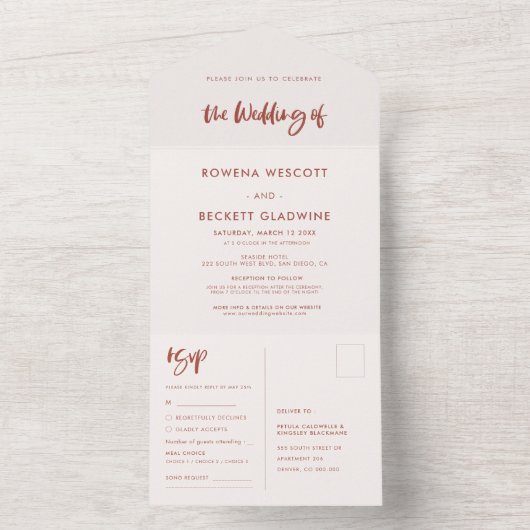 Moderne elegant verbrande brick bruiloft all in one uitnodiging (Binnen)