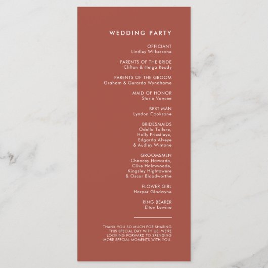 Moderne elegant verbrande brick bruiloft programmakaart (Achterkant)