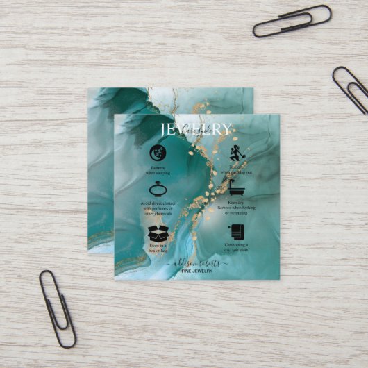 Moderne Elegant Waterverf Blauwgroen juwelenzorg Vierkante Visitekaartje (Voorkant / Achterkant in situ)