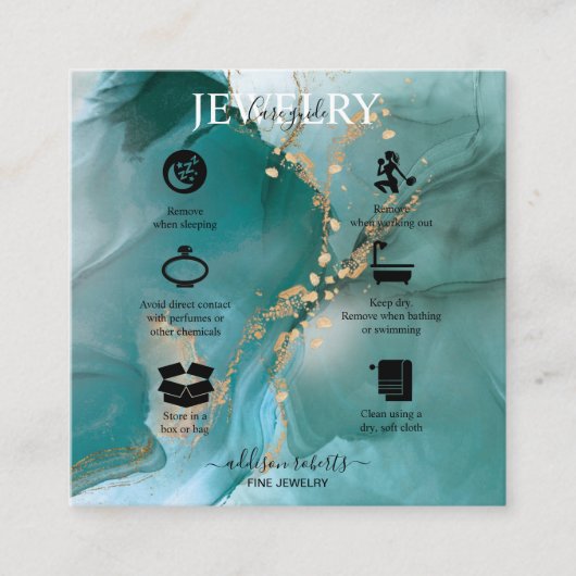 Moderne Elegant Waterverf Blauwgroen juwelenzorg Vierkante Visitekaartje (Voorkant)