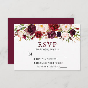 Moderne Elegant Waterverf Burgundy Floral Wedding RSVP Kaartje