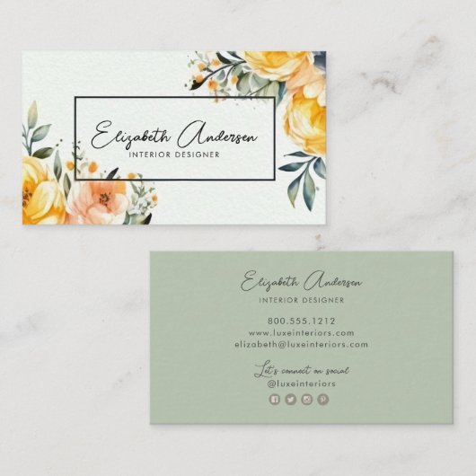 Moderne Elegant Waterverf Floral Interior Designer Visitekaartje (Voorkant / Achterkant)