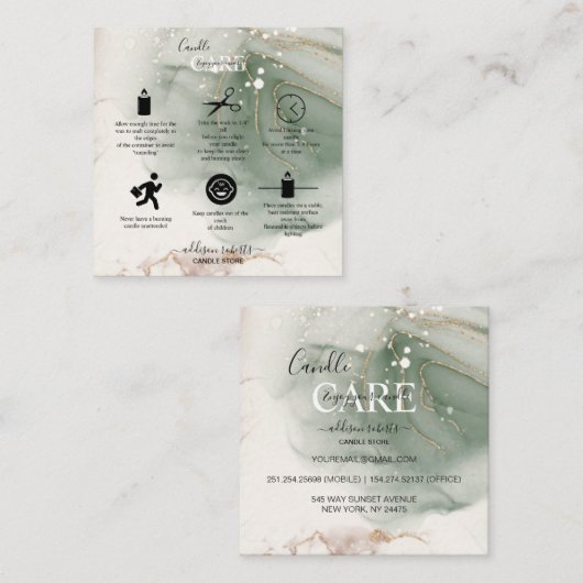 Moderne Elegant Waterverf Green Candle Care Vierkante Visitekaartje (Voorkant / Achterkant)