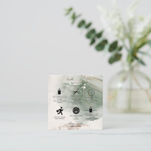 Moderne Elegant Waterverf Green Candle Care Vierkante Visitekaartje (Staand voorkant)