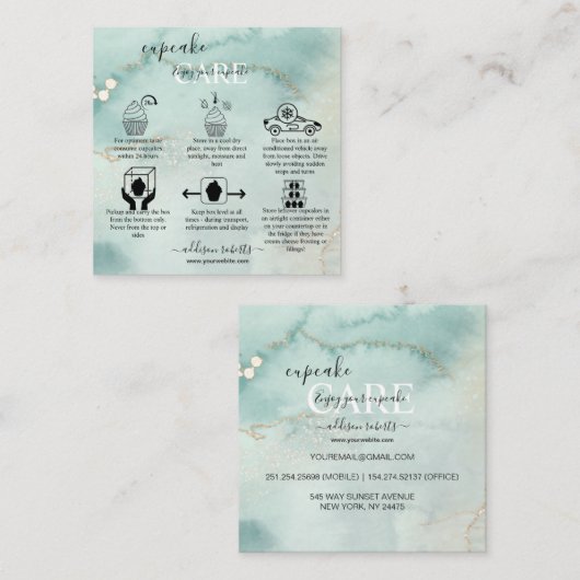 Moderne Elegant Waterverf Green Cupcake Care Squar Vierkante Visitekaartje (Voorkant / Achterkant)