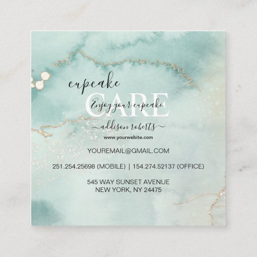 Moderne Elegant Waterverf Green Cupcake Care Squar Vierkante Visitekaartje (Achterkant)