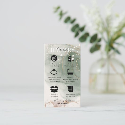 Moderne Elegant Waterverf Green Jewelry Care Visitekaartje (Staand voorkant)