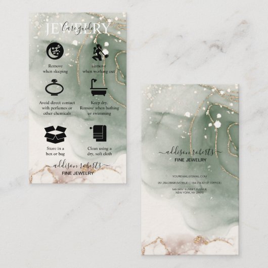 Moderne Elegant Waterverf Green Jewelry Care Visitekaartje (Voorkant / Achterkant)