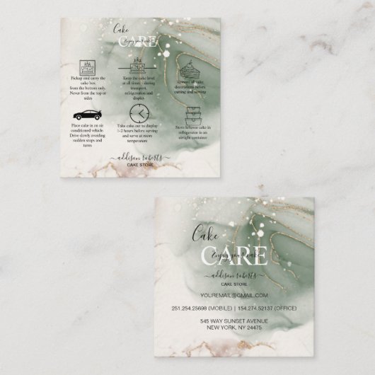 Moderne Elegant Waterverf Groene en Gold Cake Care Vierkante Visitekaartje (Voorkant / Achterkant)