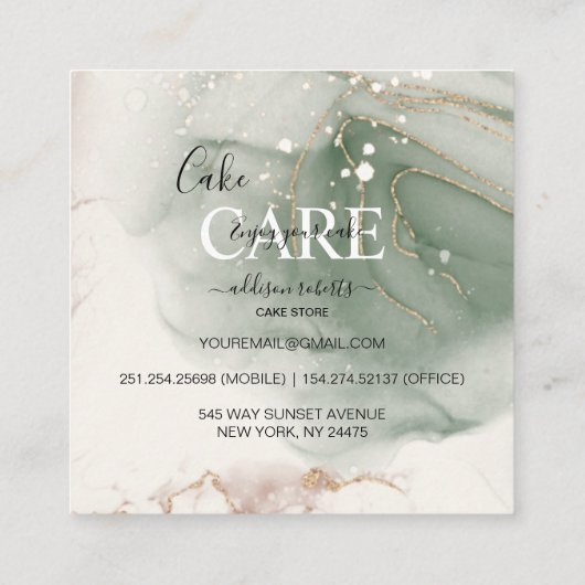 Moderne Elegant Waterverf Groene en Gold Cake Care Vierkante Visitekaartje (Achterkant)
