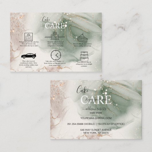 Moderne Elegant Waterverf Groene en Gold Cake Care Visitekaartje (Voorkant / Achterkant)
