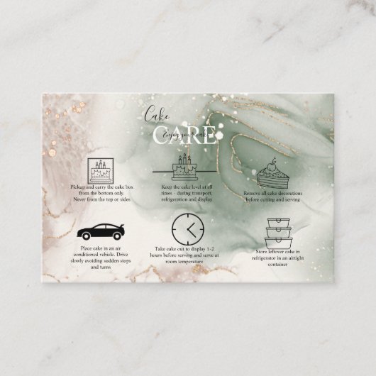 Moderne Elegant Waterverf Groene en Gold Cake Care Visitekaartje (Voorkant)