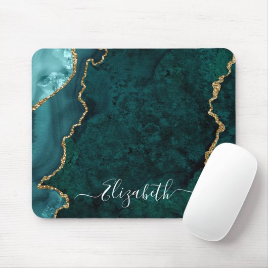 Moderne Elegant Waterverf Marble Blauwgroen Geode  Muismat (Met muis)