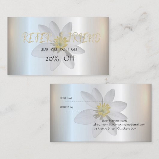 Moderne Elegant White Daisy, Silver Reference Kaar Aanbevelingskaartje (Voorkant / Achterkant)