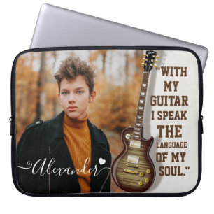 Moderne Elegant White Electric Guitar Photo & Name Laptop Sleeve