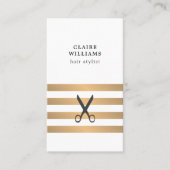 Moderne Elegant White Faux Gold Stripes Haarstylis Visitekaartje (Voorkant)