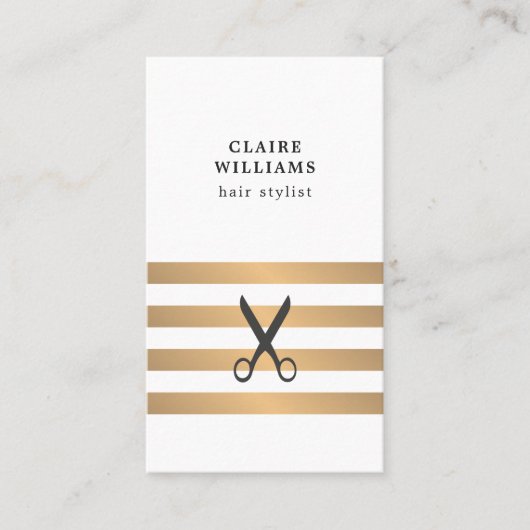 Moderne Elegant White Faux Gold Stripes Haarstylis Visitekaartje (Voorkant)