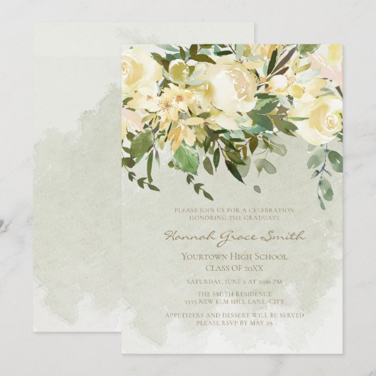 Moderne Elegant White Floral Eucalyptus Afstuderen Kaart (Voorkant / Achterkant)