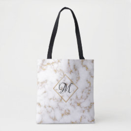 Moderne Elegant White Gold Marble Monogram Canvas  Tote Bag