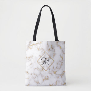 Moderne Elegant White Gold Marble Monogram Canvas Tote Bag