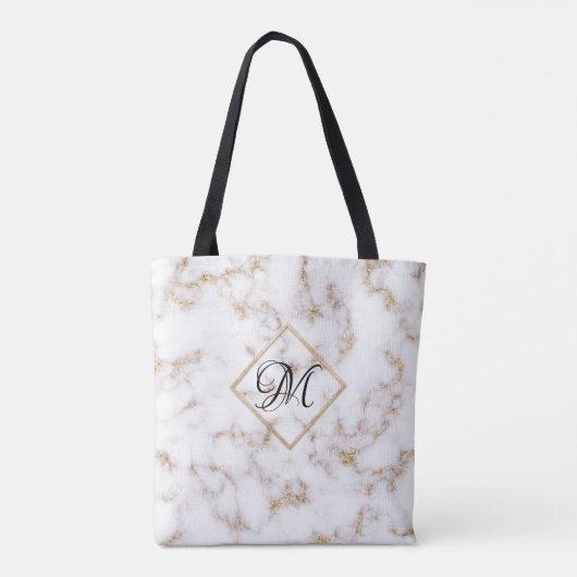 Moderne Elegant White Gold Marble Monogram Canvas  Tote Bag (Achterkant)
