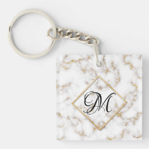 Moderne Elegant White Gold Marble Monogram Sleutel Sleutelhanger