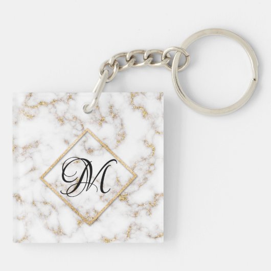 Moderne Elegant White Gold Marble Monogram Sleutel Sleutelhanger (Achterkant)