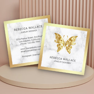 Moderne Elegant White marble Gold Foil Butterfly Vierkante Visitekaartje