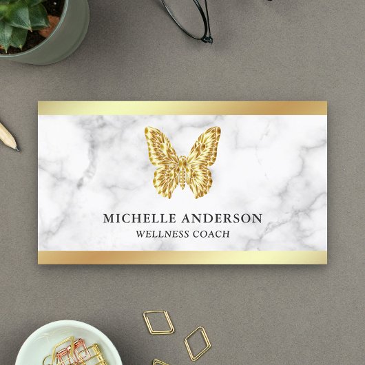 Moderne Elegant White marble Gold Foil Butterfly Visitekaartje