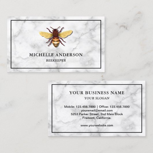 Moderne Elegant White Marble Honey Bee Visitekaartje (Voorkant / Achterkant)