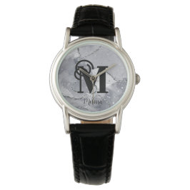 Moderne Elegant Zilver en Zwart Monogram Naam Horloge