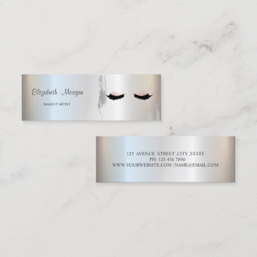 Moderne elegant, zilveren penseelstreek, as, Makeu Mini Visitekaartje (Voorkant / Achterkant)