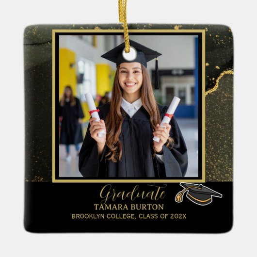 Moderne Elegant Zwart en Goud Afstuderen foto Keramisch Ornament (Voorkant)