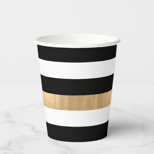 Moderne elegant zwart, wit en gouden strips papieren bekers (Achterkant)