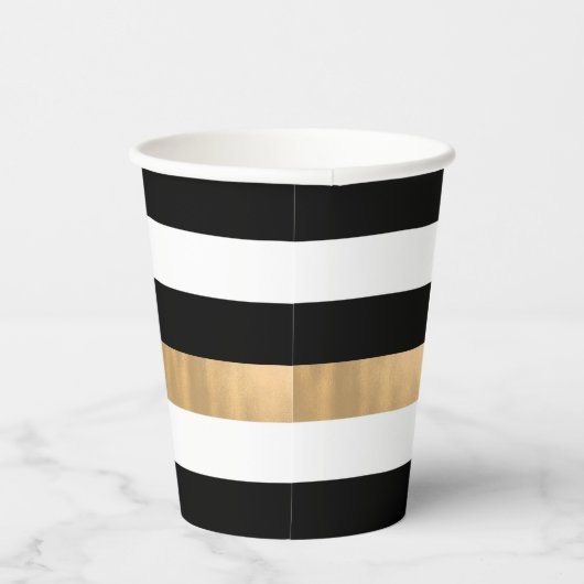 Moderne elegant zwart, wit en gouden strips papieren bekers (Rechts)