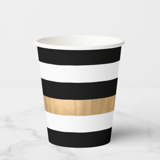Moderne elegant zwart, wit en gouden strips papieren bekers (Voorkant)