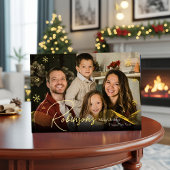 Moderne Elegante 4 Foto Minimal Script Kerstmis Folie Feestdagenkaart