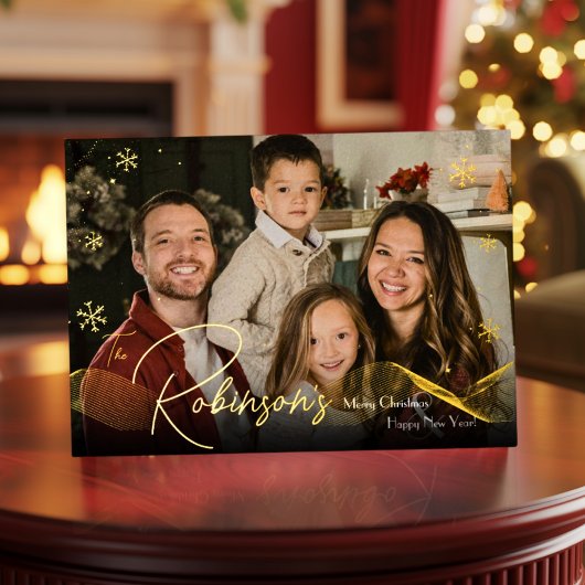 Moderne Elegante 4 Foto Minimal Script Kerstmis Folie Feestdagenkaart