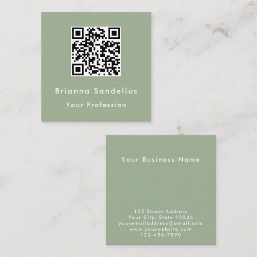 Moderne Elegante Aangepaste Saliegroene QR-code Vierkante Visitekaartje (Voorkant / Achterkant)