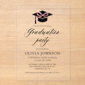 Moderne elegante afstudeerdop Roze strik Afstudere Acryl Uitnodigingen (Voorkant)