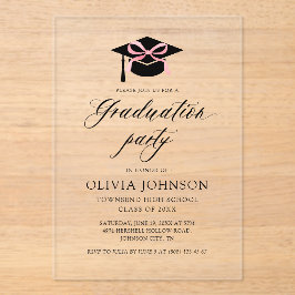 Moderne elegante afstudeerdop Roze strik Afstudere Acryl Uitnodigingen