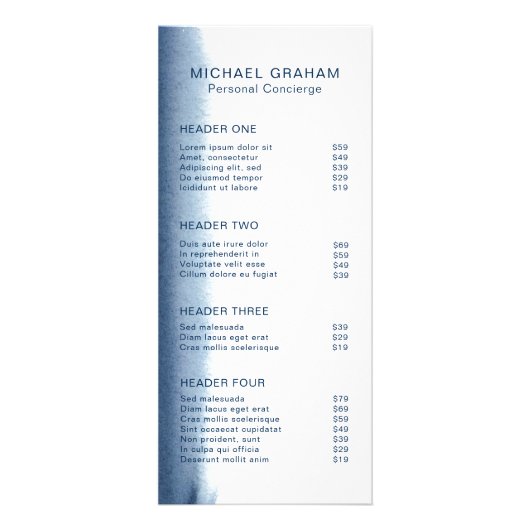 Moderne Elegante Aquarel Marineblauwe Prijslijst Reclamekaart (Voorkant)