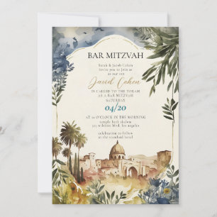 Moderne Elegante Bar Mitswa Blauw Joods Aquarel Kaart