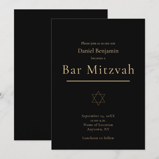 Moderne Elegante Bar Mitswa met Zwarte en Gouden A Kaart (Voorkant / Achterkant)