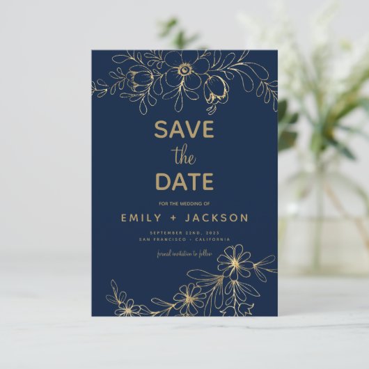 Moderne Elegante Bewaar de Datum Navy Blauwe Goude Save The Date (Staand voorkant)