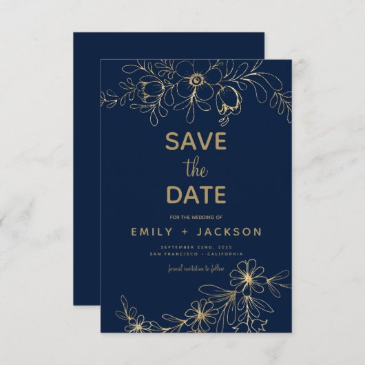 Moderne Elegante Bewaar de Datum Navy Blauwe Goude Save The Date (Voorkant / Achterkant)