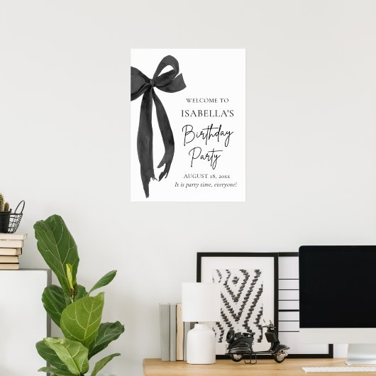 Moderne Elegante Black Bow Coquette Verjaardag Wel Poster (Thuiskantoor)